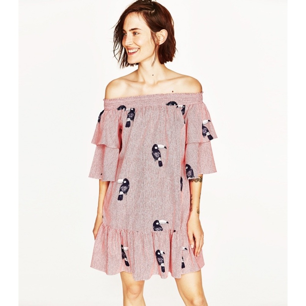 Zara Basic Collection Dress Medium Red White Striped‎ Toucan Bird Ruffle Pockets
